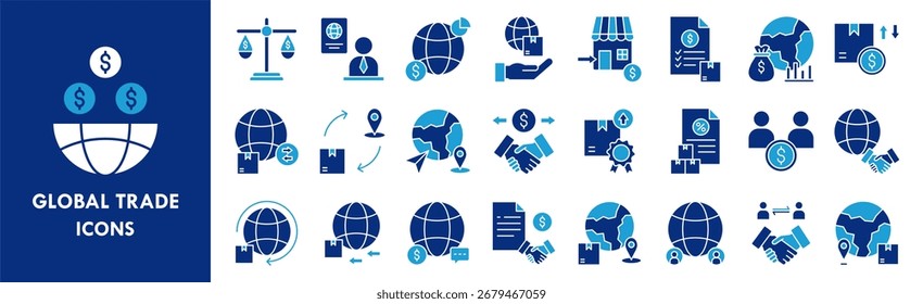 Conjunto de colecciones de íconos de comercio global. Conteniendo diseño global, negocio, comercio, carga, envío, contenedor