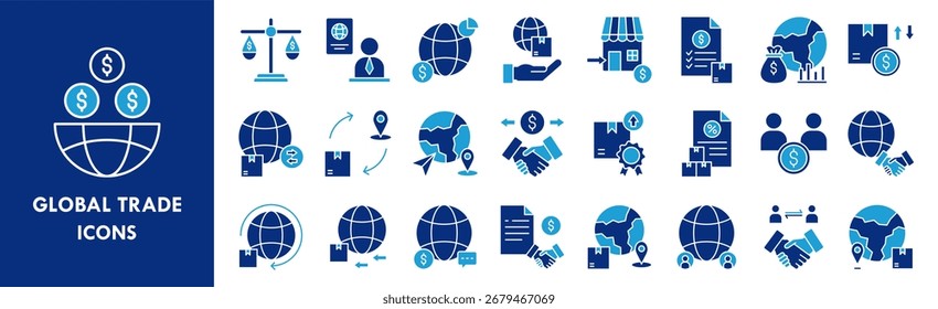 Conjunto de colecciones de íconos de comercio global. Conteniendo diseño global, negocio, comercio, carga, envío, contenedor
