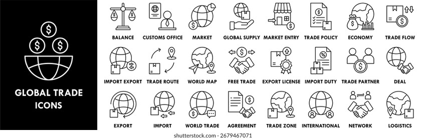 Conjunto de colecciones de íconos de comercio global. Conteniendo diseño global, negocio, comercio, carga, envío, contenedor