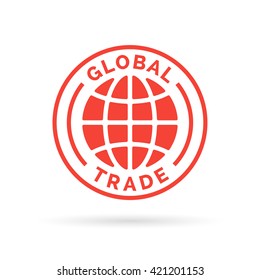 Global Trade Icon With Red Globe Stamp Symbol. Vector Illustration.