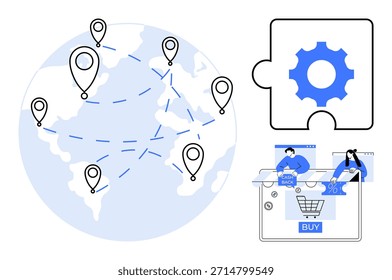 Comércio global, conectividade logística, comércio eletrônico, soluções digitais, compras on-line, cadeia de fornecimento. Mapa contorno com marcadores de localização, engrenagem quebra-cabeça e visuais de compras. Logística e comércio eletrônico