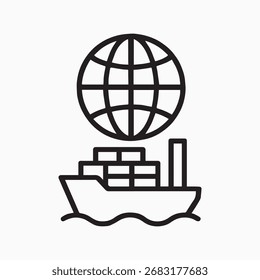 Vector de icono de contenedor de barco de comercio global – arte minimalista de línea blanca y negra
