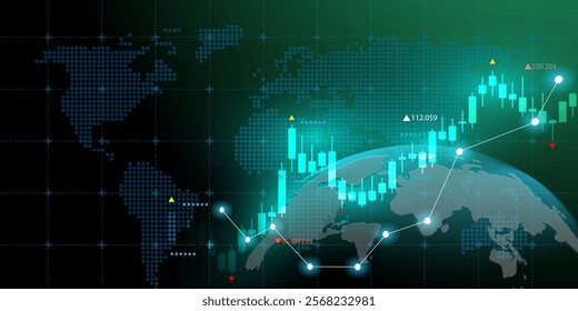 Global trading with glowing graph on green background