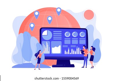 Global trading, stock market analysis. International commerce statistics analyzing, economic globalization. Environment data analytics concept. Pinkish coral bluevector isolated illustration