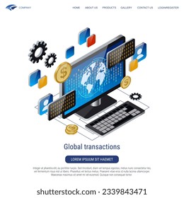 Global transactions, money transfer 3d isometric vector concept illustration