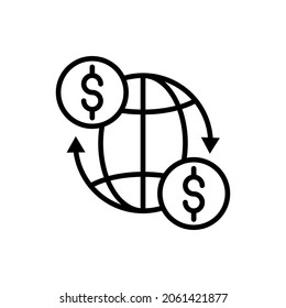 Global Transfer Thin Line Icon: Money Moving Around Globe. Modern Vector Illustration.