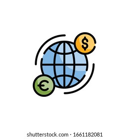 Ilustración de estilo vectorial de transferencia global. Icono de esquema rellenado por empresas y finanzas.