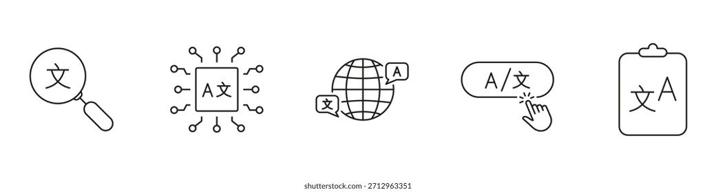 Globale Übersetzungs- und Sprachwerkzeuge - Liniensymbole. Umfasst Gliederungssymbole für Suche, Welt, Text und Zwischenablage. Bearbeitbarer Strich. Isolierte Vektorgrafik.