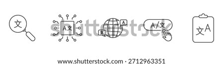 Global Translation and Language Tools Line Icon Set. Includes Search, World, Text, and Clipboard Outline Symbols. Editable Stroke. Isolated Vector Illustration.