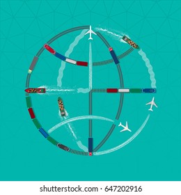 Global Transportation Creative Concept Icon with Top View Plane Ship Train and Truck Making Specific Traces over Circles of Latitude and Meridians - Color Objects on Turquoise Background - Flat Design