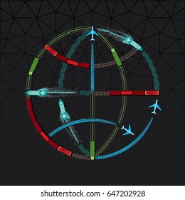 Global Transportation Creative Concept Icon with Top View Plane Ship Train and Truck Making Outlined Traces over Circles of Latitude and Meridians - Colored Objects on Black Background - Flat Design
