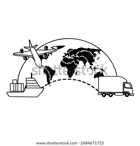Global transportation network showcasing an airplane, cargo ship, and truck connecting continents