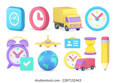 Global transportation speed delivery postal courier shipping set 3d icon realistic vector illustration. Worldwide cargo fast shipment airplane truck van logistic distribution countdown service