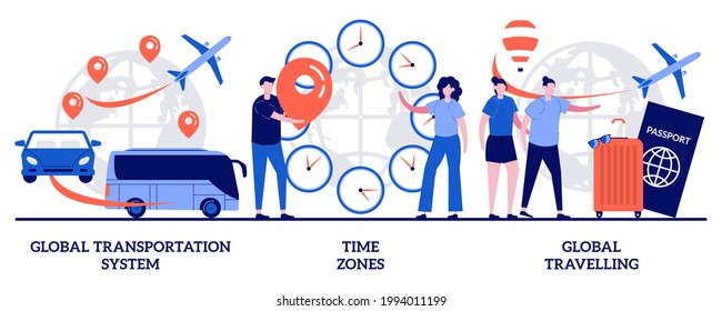 Global Transportation System, Time Zone, Global Travelling Concept With Tiny People. International Business Coordination Vector Illustration Set. Worldwide Logistics, Travel Agency, Jet Lag Metaphor.