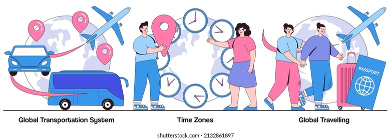 Global transportation system, time zone, global traveling concepts with people characters. International business coordination illustration pack. Worldwide logistics, travel agency, jet lag metaphor.