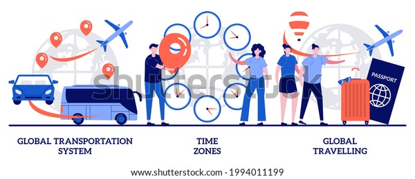 Global transportation system, time zone, global\
travelling concept with tiny people. International business\
coordination vector illustration set. Worldwide logistics, travel\
agency, jet lag\
metaphor.