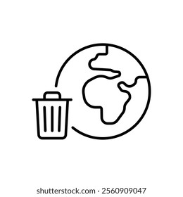 Global trash icon. Simple outline style. Earth globe, trash, recycle bin, pollution, recycling, garbage, planet, environment concept. Thin line symbol. Vector illustration isolated.