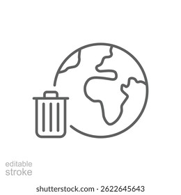 Globales Mülleimer-Symbol. Einfaches Gliederungsformat. Erdglobus, Müll, Papierkorb, Umweltverschmutzung, Recycling, Müll, Planet, Umweltkonzept. Symbol für dünne Linie. Vektorgrafik einzeln. Bearbeitbarer Strich.