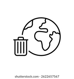 Global trash icon. Simple outline style. Earth globe, trash, recycle bin, pollution, recycling, garbage, planet, environment concept. Thin line symbol. Vector illustration isolated.