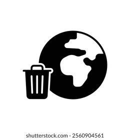 Global trash icon. Simple solid style. Earth globe, trash, recycle bin, pollution, recycling, garbage, planet, environment concept. Black silhouette, glyph symbol. Vector illustration isolated.