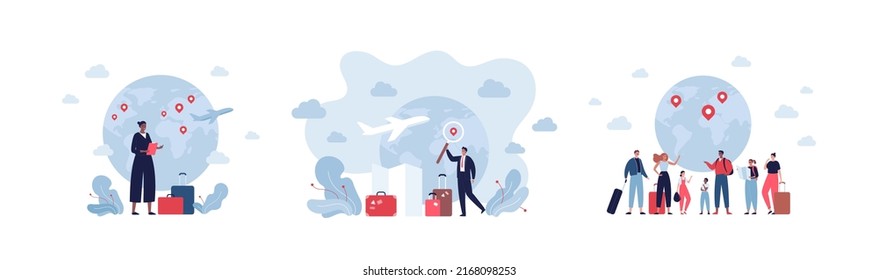 Global travel, business and education concept. Vector flat character illustration. Multiethnic group of people on planet earth map with pinpoint. Businessman and businesswoman with baggage.