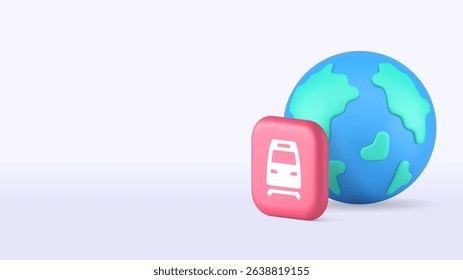 Global travel by train railway locomotive transportation copy space banner template. International railroad trip engine rail transport carriage with globe planet tour tourism