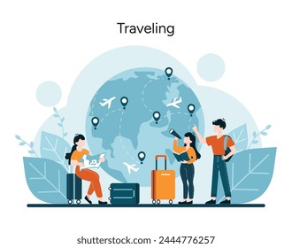 Global Travel concept. Family prepares for a journey around the world. Planning routes and destinations with excitement and anticipation. Vector illustration