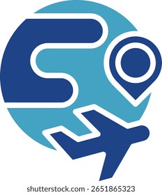 Ícone de conceito de viagem global ou que determina a localização de um destino em um mapa-múndi, combinando elementos de um mapa-múndi, pinos-guia e aviões.