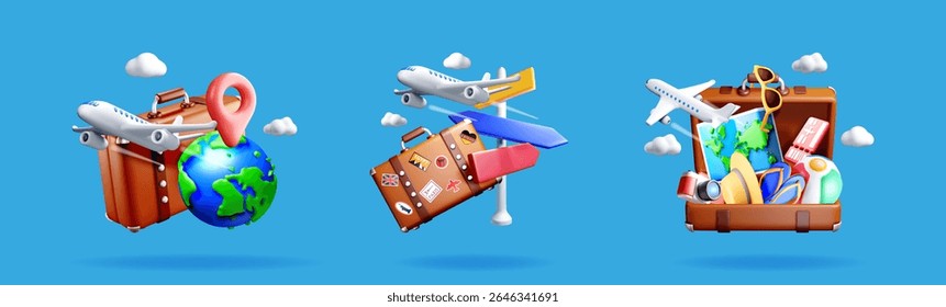 Global travel concept with suitcase, airplane, world globe, map and various destination elements. Holiday adventure and tourism idea.