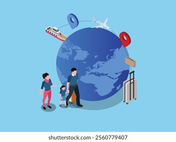 Global Travel and Family Vacation Concept with Transportation and Destination Markers 3d isometric vector illustration