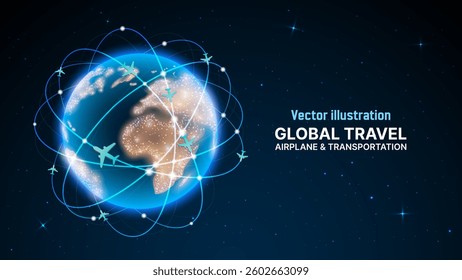 Global Travel and Flight Route Concept: Airplane Flying Around Futuristic Glowing Earth Globe - Sci-Fi Transportation Background with Glowing Dots - Vector Illustration