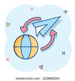 Global travel icon in comic style. Paper plane cartoon vector illustration on white isolated background. International transport splash effect business concept.