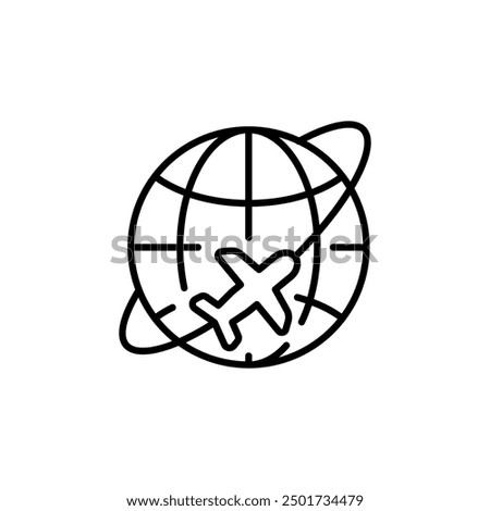 Global travel icon. A simple vector illustration featuring a globe with an airplane circling it, representing global aviation. Perfect for use in tourism-related projects. Vector illustration