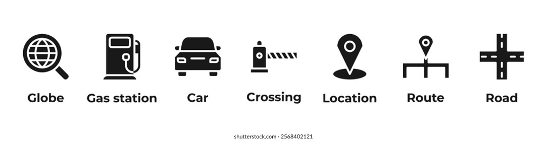 Global Travel Icons set vector illustration Glyph with globe, gas, station, car, crossing, location, route, road
