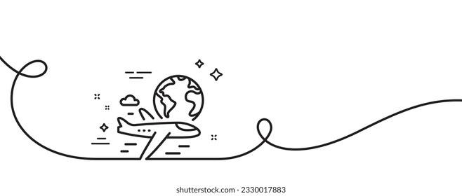 Global travel line icon. Continuous one line with curl. International flight sign. Online trip symbol. International flight single outline ribbon. Loop curve pattern. Vector