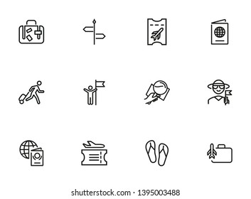 Global travel line icon set. Tourist, luggage, boarding pass, airplane. Tourism concept. Can be used for topics like vacation, journey, voyage