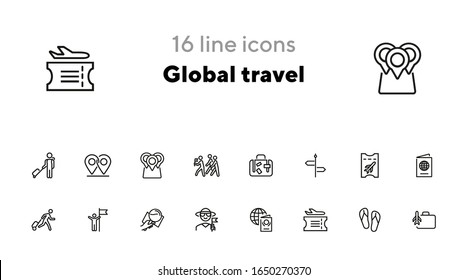 Global travel line icon set. Tourist, luggage, boarding pass, airplane. Tourism concept. Can be used for topics like vacation, journey, voyage