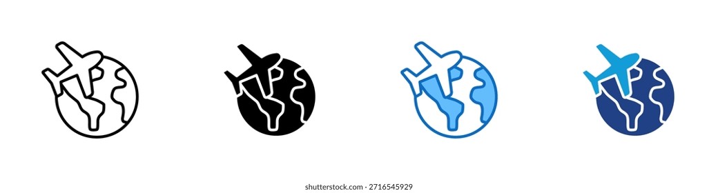 Global Travel Multiple Style Icon Design Vector - Flugzeug fliegen rund um den Globus und repräsentieren internationale Reisen und weltweiten Tourismus