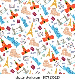 Global travel seamless pattern with elements of most popular architectures. New York City, Paris, Rome, Moscow, London.