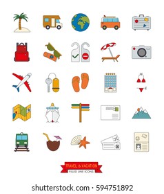 Global travel symbols set. Collection of holiday and vacation vector line icons with color fill