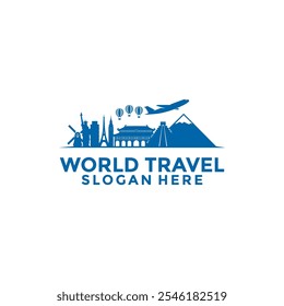 Modelo de design de logotipo do tour global, logotipo do tour mundial com ícones de turismo de vários países