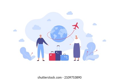 Global travel and tourism for old people concept. Vector flat people illustration. Couple of senior adult man and woman on planet earth with airplane background. Suitcase and luggage symbol.