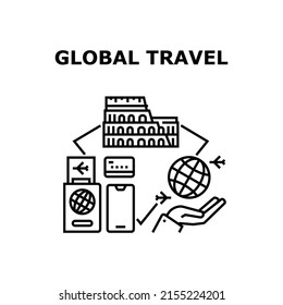 Concepto de icono del vector de viajes global. Viajes Globales Para Visitar Monumento Y Edificio De Antigüedades En Todo El Mundo. Documento De Pasaporte Para Disfrutar De La Ilustración Negra De Viaje Mundial