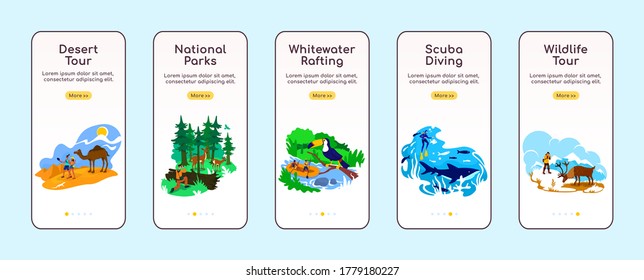 Global traveling onboarding mobile app screen flat vector template. Egyptian desert tour. Walkthrough website steps with characters. UX, UI, GUI smartphone cartoon interface, case prints set