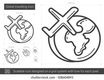 Global traveling vector line icon isolated on white background. Global traveling line icon for infographic, website or app. Scalable icon designed on a grid system.