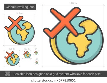 Global traveling vector line icon isolated on white background. Global traveling line icon for infographic, website or app. Scalable icon designed on a grid system.