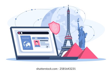 Global travelling concept. Laptop near Statue of Liberty, Eiffel tower and pyramid. Travel and trip, journey. Holiday planning. Tourism and vacation. Flat vector illustration