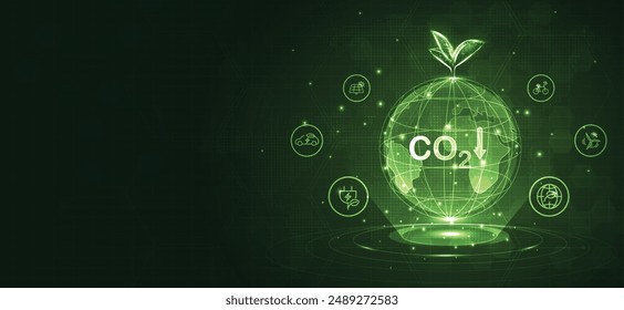 Global with tree and icons of reducing CO2 emissions, ESG, net zero. energy saving concept. save our planet, world environment day, world earth day. sustainable development and green business. vector.