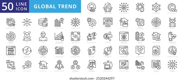 Conjunto de iconos de tendencia global esbozo de colección de Vector. Contiene iconos de innovación, sostenibilidad, digitalización, IA y blockchain.