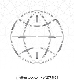 Global Truck Transportation Concept Icon Depicting Top View Trucks on Outlined Road Segments Composed as Globes Circles of Latitude and Meridians - Grey on White Background - Flat Graphic Silhouette